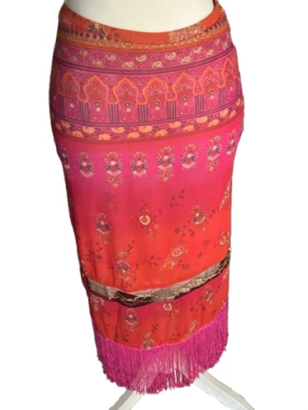 Y2K Fringe Gold Pink Coral Skirt Light 90s Bisou Bisou Extra Small XXS Boho